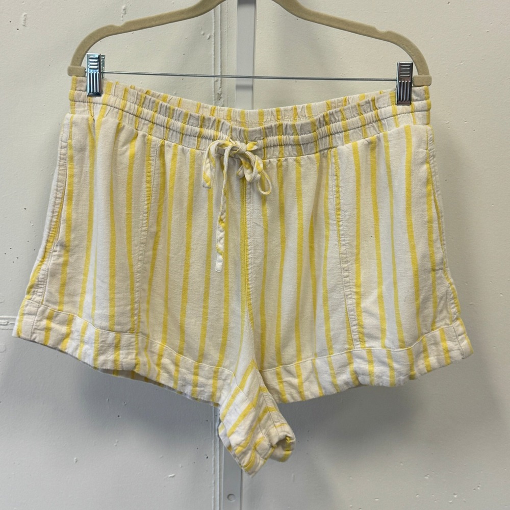 Universal Thread Yellow White Striped Linen Blend Shorts Large Drawstring Summer